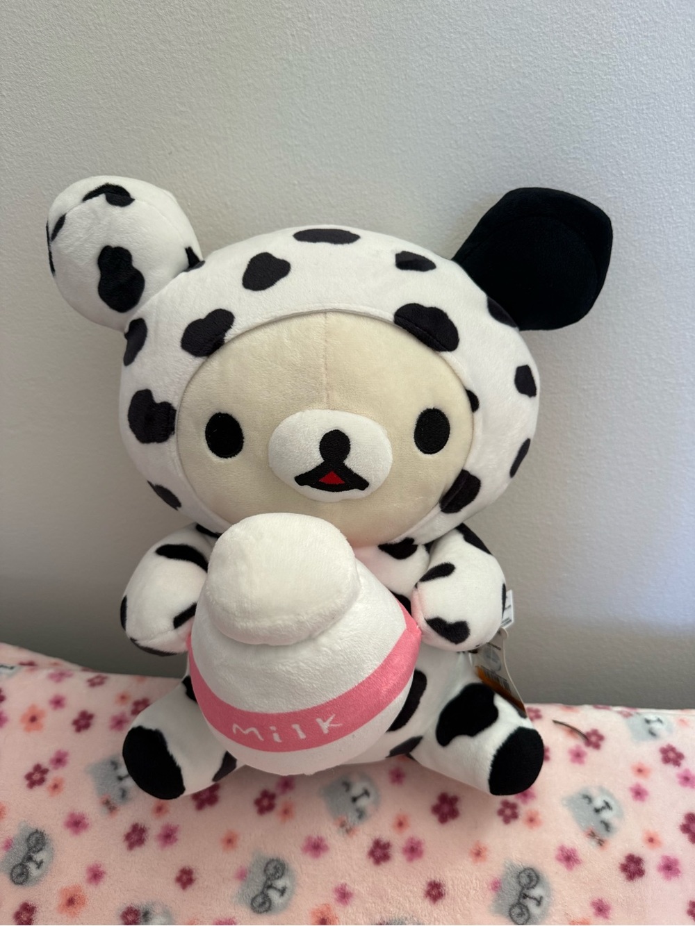 Cow-Spot Plush Bear with Pink Milk Bottle - Soft White & Black Stuffed Toy